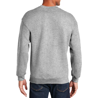 The back of a man swearing a solid gray custom crewneck sweatshirt with dark denim.