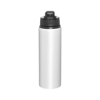 An aluminum water bottle with a black lid.