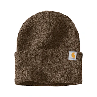A Carhartt custom knit beanie in heather brown with a logo patch in white and yellow.