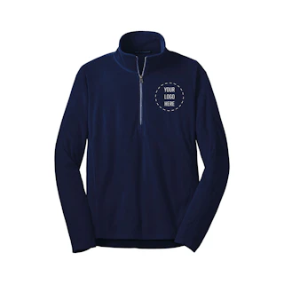 A half-zip pullover in solid navy color with Your Logo Here in the top right corner.