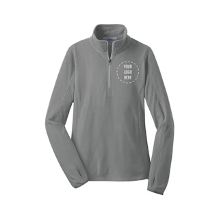 A women's half zip pullover in solid gray color with Your Logo Here in the top right corner.