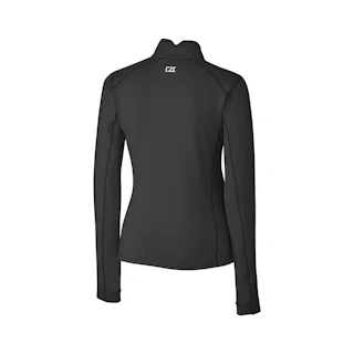 The back of a solid black 1/4 women's pullover with a white logo at the back neck.