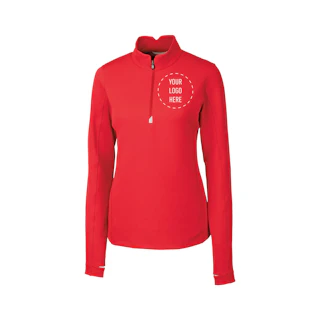 A bright red quarter-zip pullover with Your Logo Here in the top right corner.