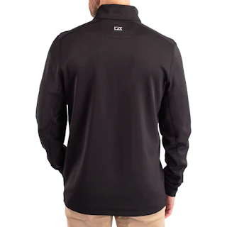 The back of a man wearing a quarter zip pullover top in solid black with a white logo at the neck.