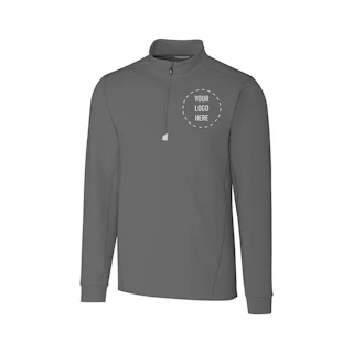 A dark gray quarter-zip pullover with Your Logo Here in the top right corner.