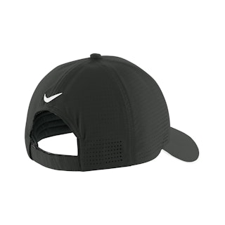 The back of a black Nike cap with an embroidered white swoosh logo.