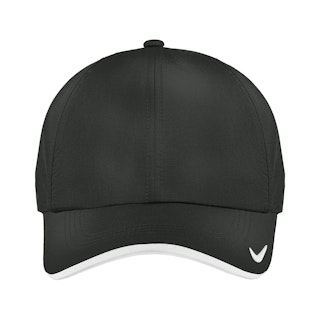 The front of a black Nike baseball cap with white trim on the bill and a white swoosh logo.