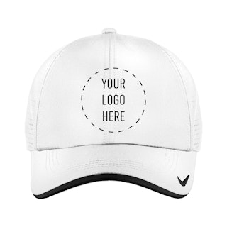 A Nike cap in solid white with black accents and Your Logo Here in the center.
