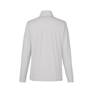 The back of a light gray men's quarter zip pullover.