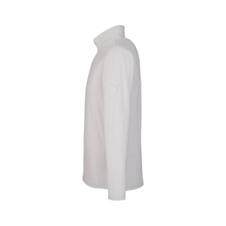 The side of a solid light gray long-sleeve pullover with the Puma logo on the left sleeve.