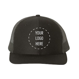 A black trucker hat with a mesh back and Your Logo Here in the center.