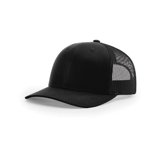 A black custom trucker hat with a mesh back.