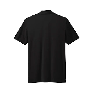 The back of a solid black custom polo shirt.