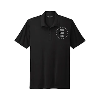 A solid black polo shirt with Your Logo Here in the top right corner.