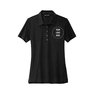 A woman's polo shirt in solid black with Your Logo Here in the top right corner.
