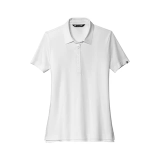 A solid white polo shirt with a black logo tag on the left sleeve.