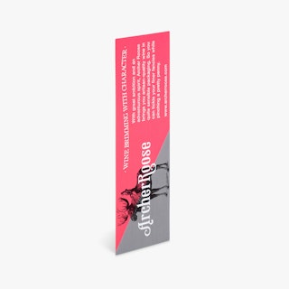 A custom bookmark printed in gray and pink with a black moose and Archer Roose in white on the front.