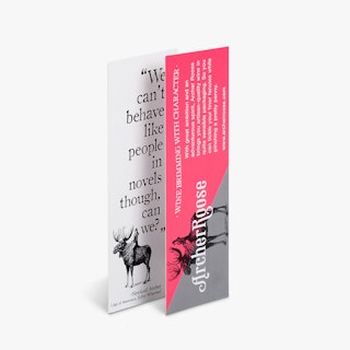 Two custom bookmarks standing and overlapping each other with a pink and gray moose design.