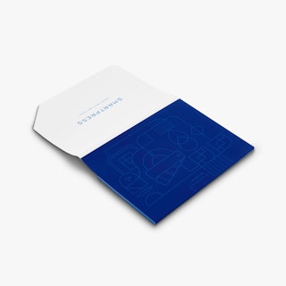 A branded folder laying open with a dark blue back cover, a white cover and Smartpress on the front.