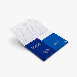 A branded folder custom printed with a blue and white design, geometric graphics and white text.