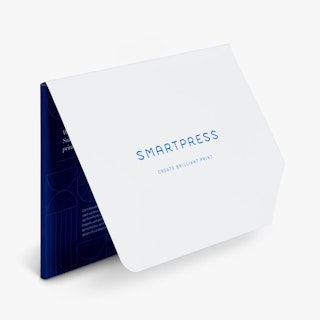 A custom branded folder printed with a white cover, blue interior and Smartpress on the front.