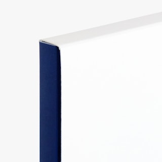 The top corner of a branded folder custom printed in white and dark blue.