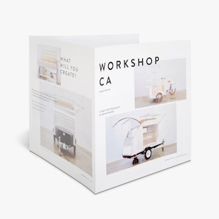 A three-panel brochure standing open and printed with Workshop CA and images of mobile retail carts.