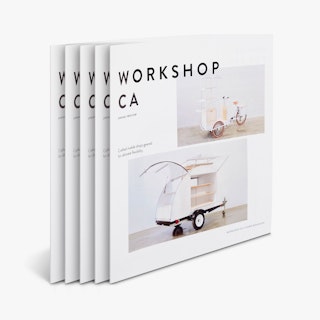 Five custom brochures fanned out and printed with Workshop CA and images of mobile retail carts.