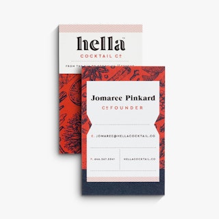 Two custom business cards overlapping each other and printed with hella cocktail co and a red and black design.