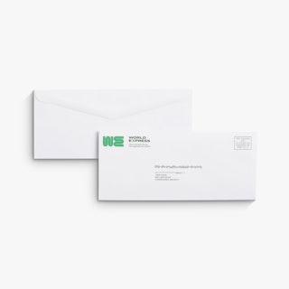 Two business envelopes overlapping each other with World Express in green, an address and postage.