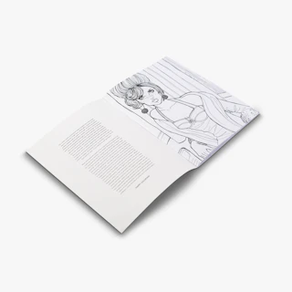 A coloring book laying open to an illustration of a woman in a dress.