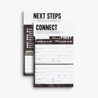 Two connection cards for church printed in black, white and green with fields for contact information.
