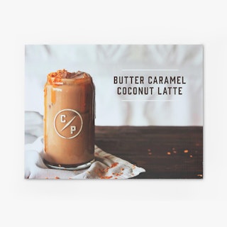 Custom corrugated plastic sign showing a butter caramel coconut latte on a table.