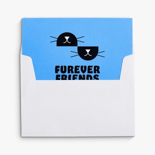 A direct mail card printed wit Furever Friends in black and blue half in a matching envelope.