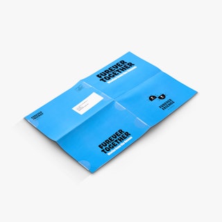 A direct mail newsletter laying open with a blue front and back cover and Furever Together in black.