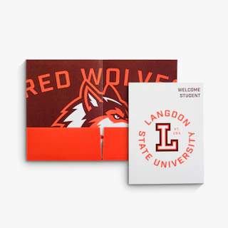 Two pocket folders for admissions packets printed with Landgon State University in orange.