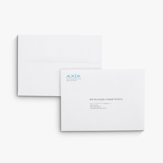 Two envelopes overlapping each other and printed with AXIA in blue in the top left corner.