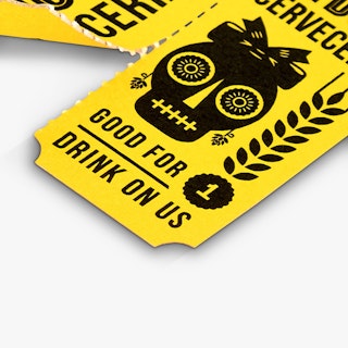 Two event tickets overlapping each other with Cocktails With Creatives in yellow and black.