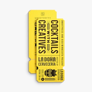 Two event tickets overlapping each other and printed with Cocktails With Creatives in black and yellow.