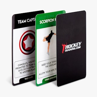 Three custom flashcards lined up and printed with hockey training exercises.