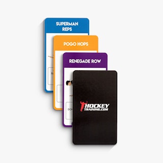 Four custom flashcards fanned out and printed with hockey training exercises in black, purple, orange and blue.