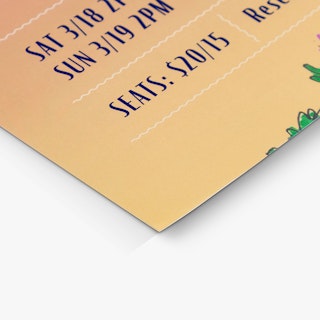 The bottom corner of an event flyer printed with a peach and green background and details in dark blue.