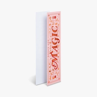 Two bookmarks overlapping each other with a pink, red and foil design on the front and a white back.