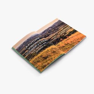 A custom booklet printed with a perfect binding laying open to a spread of a mountainous landscape.