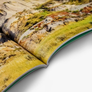 A photography booklet laying open with a perfect binding and landscape imagery.