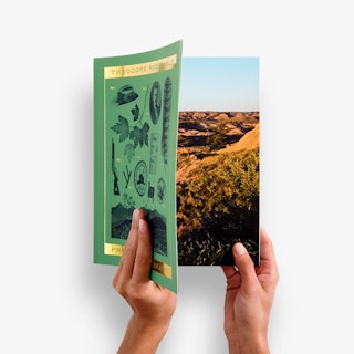 Two hands holding open a custom booklet printed with a green, black and gold foil cover.