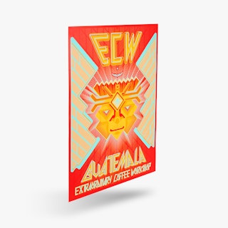 A large poster printed with ECW Guatemala Extraordinary Coffee Workshop in yellow, red and blue.