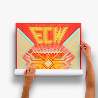 Two hands rolling up a large poster printed with ECW and a red, yellow and blue design.