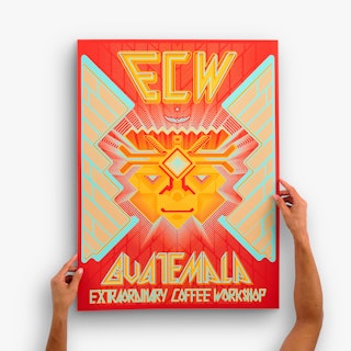 Two hands holding a large poster printed with ECW Guatemala Extraordinary Coffee Workshop.