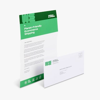 A letter mailer and matching envelope printed with a green and white design and World Express information.